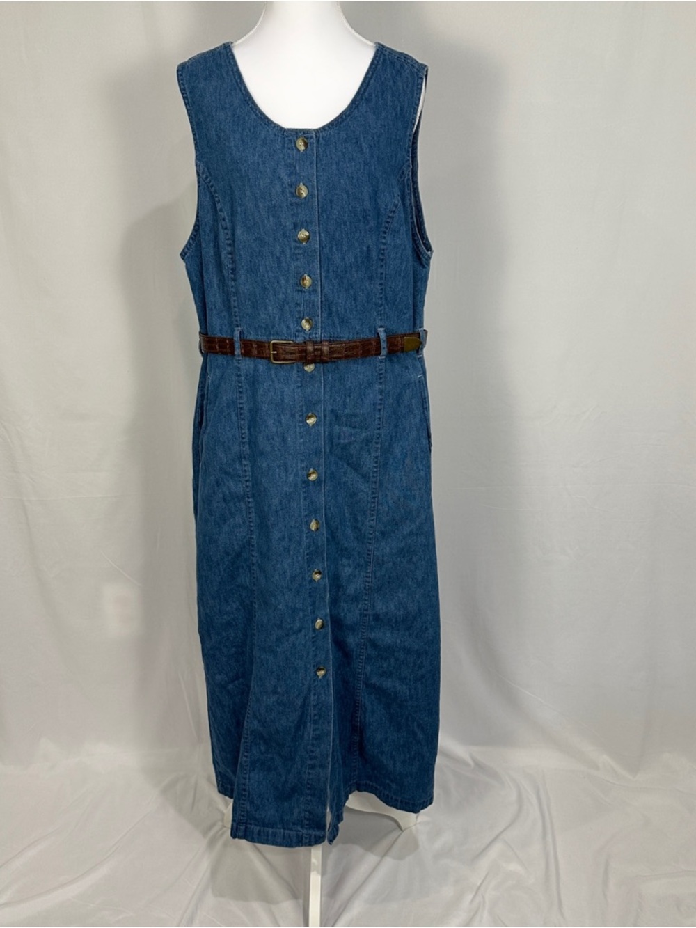 Christopher & Banks Blue Denim Midi Dress with Brown Belt